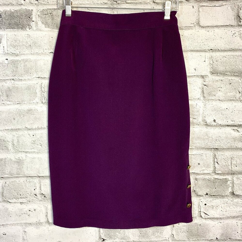 Vintage 90s Peter Nygard Pencil Skirt 6 Purple 100% Silk Side Slit Gold Buttons